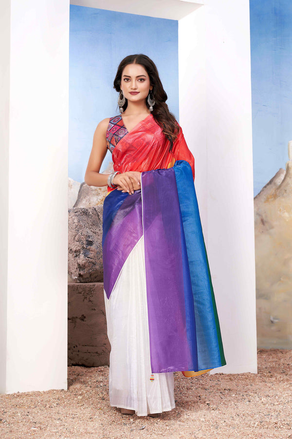 Multicolor Designer Saree with Vibrant Red Blouse and Artistic Pallu